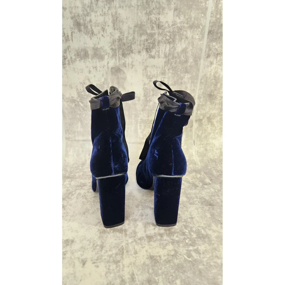 Zara Velvet Ankle Boots Women 41 Blue Front Zip Block Heel Ribbon Tie Gothic